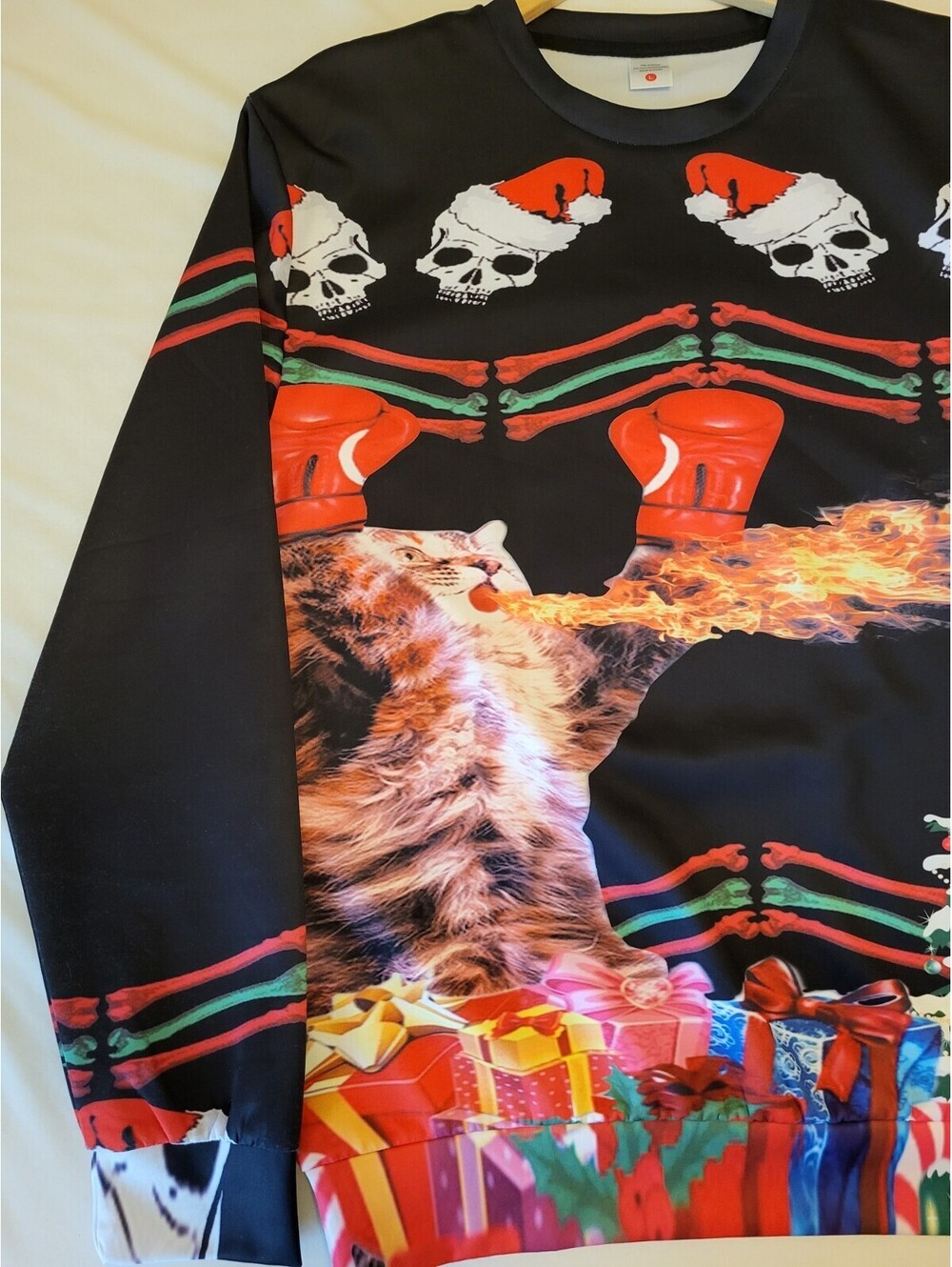 Funny Cat Boxing Fire-Breathing Christmas Sweater Ugly Xmas Unisex Pullover - Picture 5 of 9